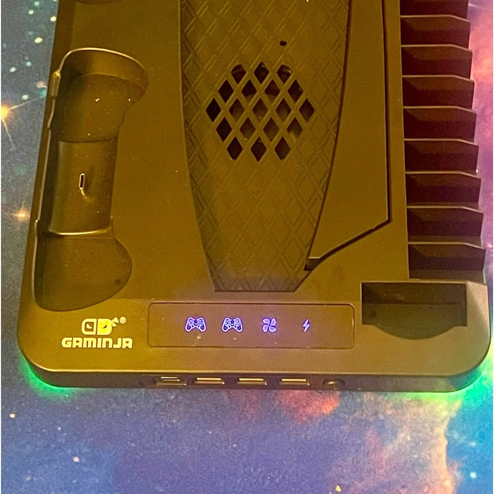 Black PS5 cooling stand w/remote charger docks